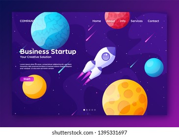 Space futuristic modern colorful background with rocket. Starship, spaceship in night sky. Solar system, galaxy and universe exploration. Vector illustration.