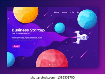 Space futuristic modern colorful background with rocket. Starship, spaceship in night sky. Solar system, galaxy and universe exploration. Vector illustration.