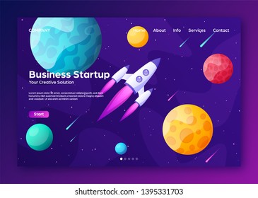 Space futuristic modern colorful background with rocket. Starship, spaceship in night sky. Solar system, galaxy and universe exploration. Vector illustration.