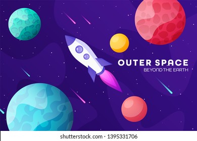 Space futuristic modern colorful background with rocket. Starship, spaceship in night sky. Solar system, galaxy and universe exploration. Vector illustration.