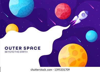 Space futuristic modern colorful background with rocket. Starship, spaceship in night sky. Solar system, galaxy and universe exploration. Vector illustration.