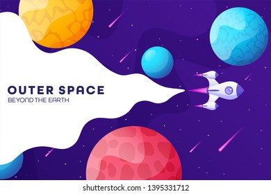 Space futuristic modern colorful background with rocket. Starship, spaceship in night sky. Solar system, galaxy and universe exploration. Vector illustration.