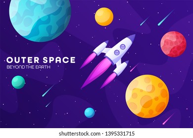 Space futuristic modern colorful background with rocket. Starship, spaceship in night sky. Solar system, galaxy and universe exploration. Vector illustration.