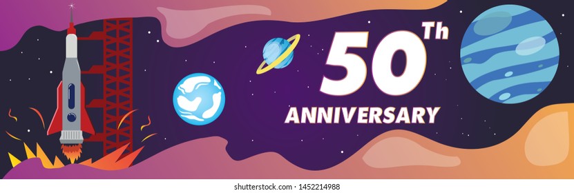 Space futuristic modern, colorful background with rocket, planets and stars, 50 Year Anniversary , Rocket flying to planet. Vector illustration