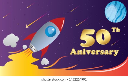 Space futuristic modern, colorful background with rocket, planets and stars, 50 Year Anniversary , Rocket flying to planet. Vector illustration