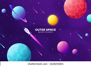 Space futuristic modern colorful background with rocket. Starship, spaceship in night sky. Solar system, galaxy and universe exploration. Vector illustration.