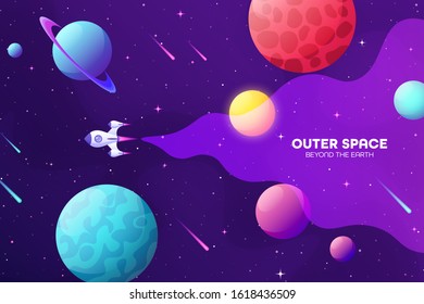 Space futuristic modern colorful background with rocket. Starship, spaceship in night sky. Solar system, galaxy and universe exploration. Vector illustration.