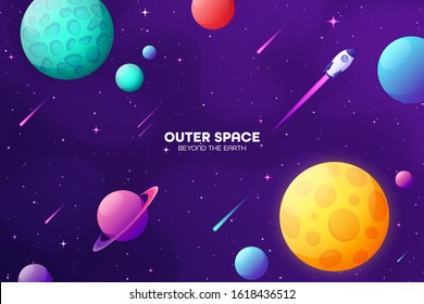 Space futuristic modern colorful background with rocket. Starship, spaceship in night sky. Solar system, galaxy and universe exploration. Vector illustration.