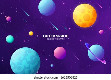 Space futuristic modern colorful background. Night sky. Solar system, galaxy and universe exploration. Vector illustration.