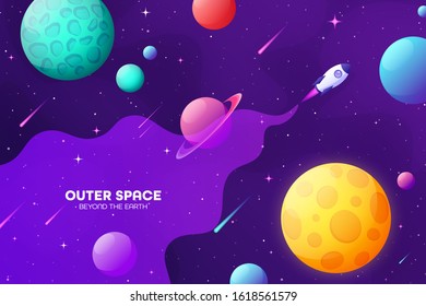 Space futuristic modern colorful background with rocket. Starship, spaceship in night sky. Solar system, galaxy and universe exploration. Vector illustration.