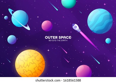 Space futuristic modern colorful background with rocket. Starship, spaceship in night sky. Solar system, galaxy and universe exploration. Vector illustration.