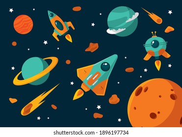 Space futuristic modern colorful background with rocket. Starship, spaceship in night sky. Solar system, galaxy and universe exploration. Vector illustration.