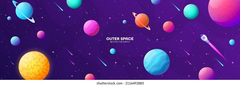 Space futuristic modern colorful background with rocket. Starship, spaceship in night sky. Solar system, galaxy and universe exploration. Vector illustration.