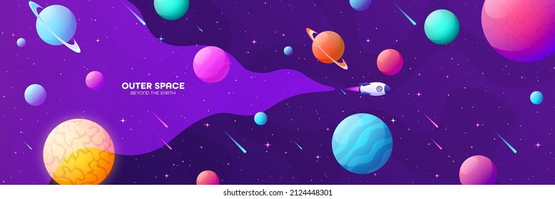 Space futuristic modern colorful background with rocket. Starship, spaceship in night sky. Solar system, galaxy and universe exploration. Vector illustration.