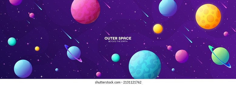 Space futuristic modern colorful background. Night sky. Solar system, galaxy and universe exploration. Vector illustration.