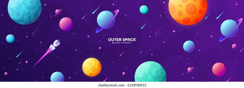 Space futuristic modern colorful background with rocket. Starship, spaceship in night sky. Solar system, galaxy and universe exploration. Vector illustration.