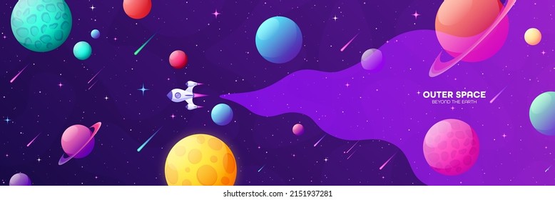 Space futuristic modern colorful background with rocket. Starship, spaceship in night sky. Solar system, galaxy and universe exploration. Vector illustration.