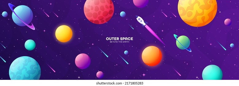 Space futuristic modern colorful background with rocket. Starship, spaceship in night sky. Solar system, galaxy and universe exploration. Vector illustration.