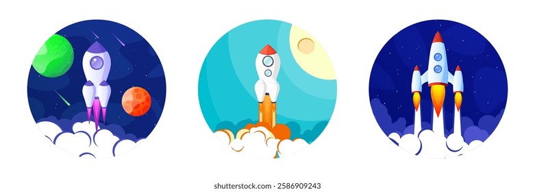 Space futuristic modern colorful background with rocket. Starship, spaceship in night sky. Solar system, galaxy and universe exploration. Vector illustration.