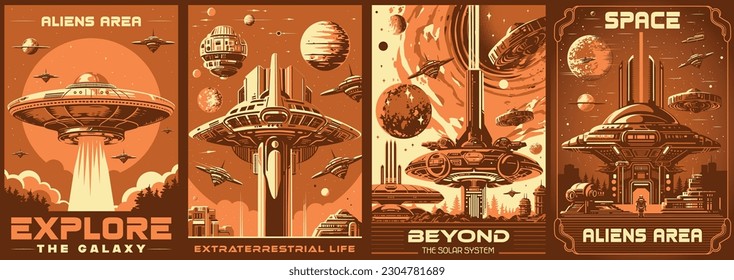 Space futuristic monochrome set flyers with UFO flying saucers and military bases for war with aliens vector illustration