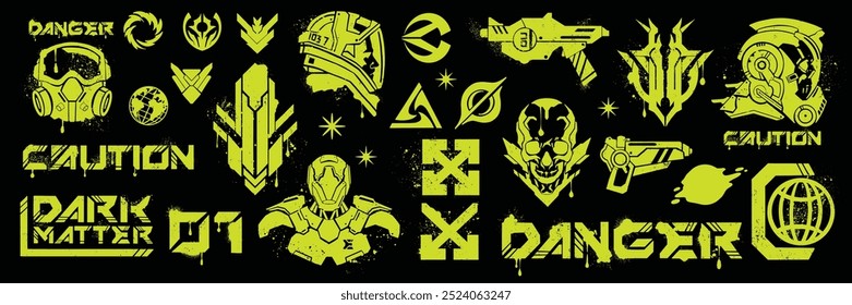 Space futuristic print set, biohazard danger sign, vector radiation protection gas mask logo, skull. Astronaut helmet print, sci-fi alien toxic caution badge, streetwear techno kit. Futuristic print