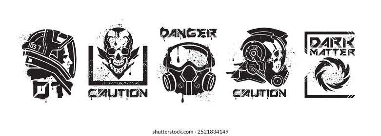 Space futuristic print set, vector biohazard sign, danger radiation protection gas mask logo, skull. Astronaut helmet print, sci-fi alien toxic caution badge, streetwear techno kit. Futuristic print