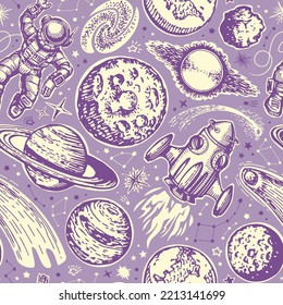 Space futuristic seamless background. Planets and stars, galaxy concept. Pattern retro vector illustration
