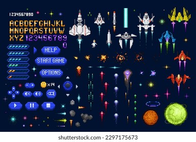 Space galaxy 8 bit arcade pixel game. 8bit platform console videogame vector asset with font, gamepad buttons, life level and fantastic spaceships, planet, laser shooting and explosion animations