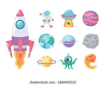 space galaxy astronomy cartoon icons set spaceship astronaut comet ufo planet and alien vector illustration