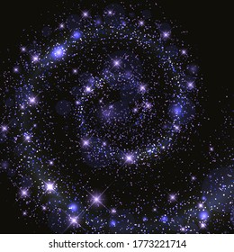 Space galaxy background with glitter stars, light spiral trail