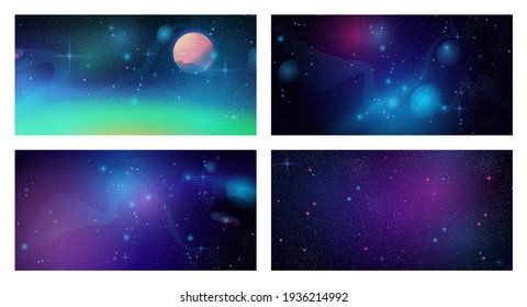 Space galaxy backgrounds set. Vector cosmos universe textures, deep purple sky with stars and planets, dark outer space panorama. Starry futuristic surface with asteroids, purple nebula, dust scenery