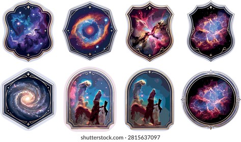 Space galaxy badges set featuring cosmic nebula clouds, starry universe galaxies, pillars of creation, and mystical astronomy celestial frame stickers.