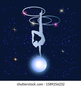 Space Galaxy. Bright blue planet - Woman, handstand, dancing with three hoops - illustration, abstract, art, vector. Magic. Occultism. Space everything