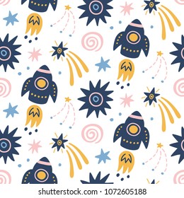 Space Galaxy childish seamless pattern with space ships, stars, cosmic elements. Creative scandinavian nursery background for kids apparel, textile, fabric, wrapping paper, wallpaper. Nordic style.