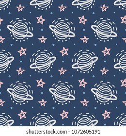 Space Galaxy childish seamless pattern with stars, cosmic elements. Creative scandinavian nursery background for kids apparel, textile, fabric, wrapping paper, wallpaper. Nordic style.