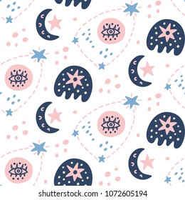 Space Galaxy childish seamless pattern with stars, cosmic elements. Creative scandinavian nursery background for kids apparel, textile, fabric, wrapping paper, wallpaper. Nordic style.