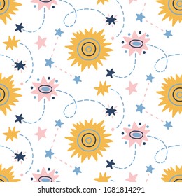Space Galaxy childish seamless pattern with stars, cosmic elements. Creative scandinavian nursery background for kids apparel, textile, fabric, wrapping paper, wallpaper. Nordic style.