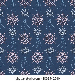 Space Galaxy childish seamless pattern with stars, cosmic elements. Creative scandinavian nursery background for kids apparel, textile, fabric, wrapping paper, wallpaper. Nordic style.