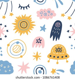 Space Galaxy childish seamless pattern with ufo, stars, comets, cosmic elements. Creative scandinavian nursery background for kids apparel, textile, fabric, wrapping paper, wallpaper. Nordic style.