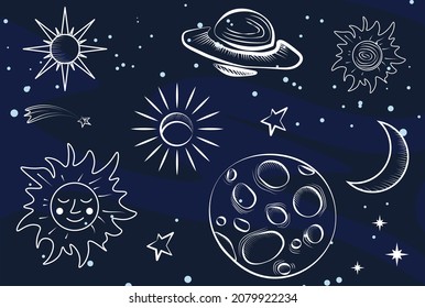 Space Galaxy concept. Minimalistic linear images. Metaphor for adventure and modern technology. Dream, futuristic pictures, background and copy space for text. Cartoon flat vector illustration