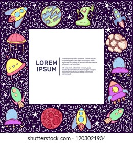 Space Galaxy constellation pattern print. Huge universe vector brochure cards. Outline outer space rocket template of flyear, magazines, posters, book cover, banners. Cartoon illustration. Hand draw.