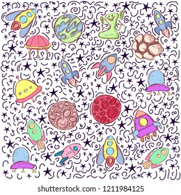 Space Galaxy constellation pattern print. Huge universe vector brochure cards. Outline outer space rocket template of flyear, magazines, posters, book cover, banners.
