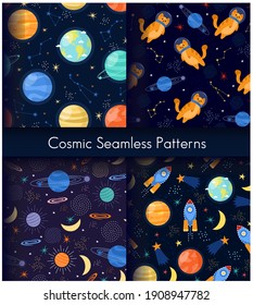 Space galaxy constellation, planet rocket seamless pattern vector illustration set. Cartoon cute childish cosmic collection with cat astronaut near spaceship, solar system on blue sky background