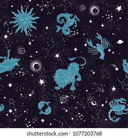 Space Galaxy constellation seamless pattern print could be used for textile, zodiac star yoga mat, phone case