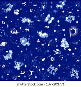 Space Galaxy constellation seamless pattern print could be used for textile, zodiac star yoga mat, phone case