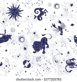 Space Galaxy constellation seamless pattern print could be used for textile, zodiac star yoga mat, phone case