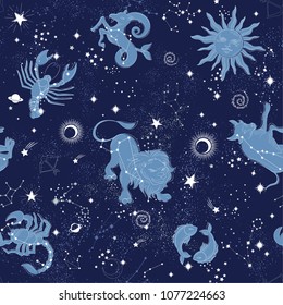 Space Galaxy constellation seamless pattern print could be used for textile, zodiac star yoga mat, phone case