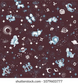 Space Galaxy constellation seamless pattern print could be used for textile, zodiac star yoga mat, phone case