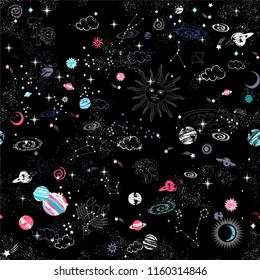 Space Galaxy constellation seamless pattern print could be used for textile, zodiac star yoga mat, phone case