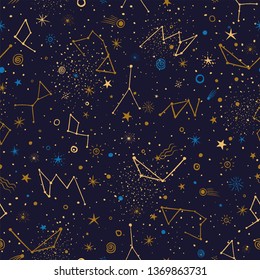 Space Galaxy constellation seamless pattern print could be used for textile, zodiac star yoga mat, phone case 